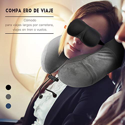 BICASLOVE Almohada de Viaje,Viscoelástica de Espuma de Memoria,Almohada de Cuello,Almohada Ortopédica Cervical,con Máscara de Ojos,Tapones y Bolsa con Cordón,para el Uso del Avión y el Hogar(Gris)