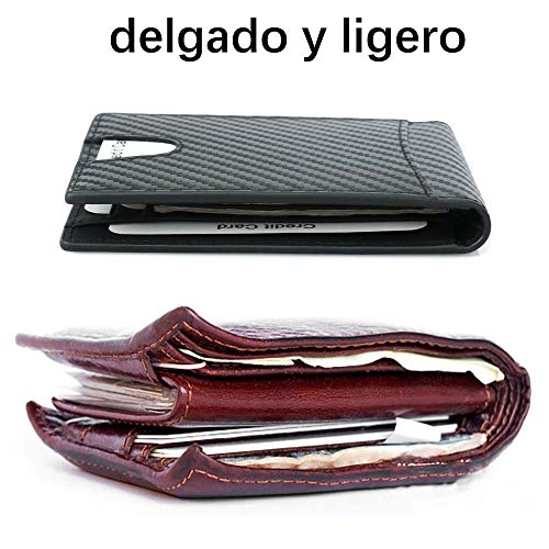 Billetera Hombre de Piel, Carteras Hombre con Monedero, Cuero de Fibra de Carbono Cartera Delgada Tarjetero, Clip de Dinero Antideslizante