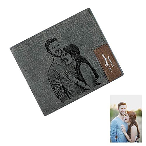 Billetera Personalizada para Los Hombres, Carteras de Fotos Personalizadas, Cartera de Tarjetas de Bloqueo RFID para el Regalo del día del Padre （Gris）