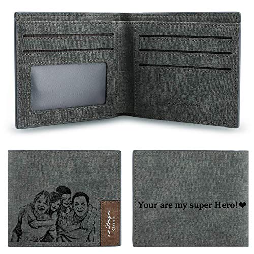 Billetera Personalizada para Los Hombres, Carteras de Fotos Personalizadas, Cartera de Tarjetas de Bloqueo RFID para el Regalo del día del Padre （Gris）