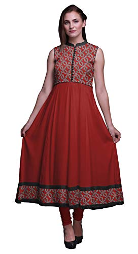 Bimba lápiz Labial Rojo Tribal Vestido Anarkali con Cuello Mao sin Mangas Kurtis para Mujer Vestido Maxi Estampado X-Small