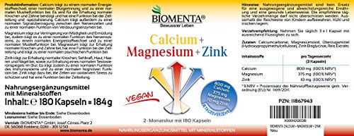 BIOMENTA CALCIO + MAGNESIO + ZINC | 180 VEGANO Nutriente Mineral Complejo Cápsulas | 2 Meses