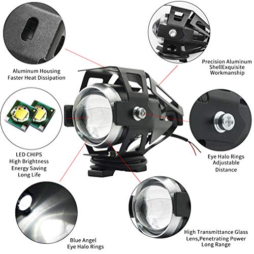 Biqing 2PCS Faros delanteros para motocicleta,Cree U5 faros auxiliares de moto, 125W 3000LM Focos Antinieblas Luces Moto Led Con interruptor universal(Negro)