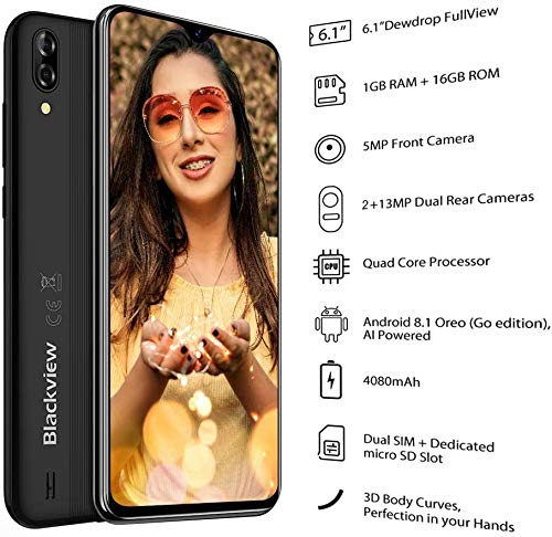 Blackview A60 Smartphone Dual SIM con Pantalla 6.1" (15.7cm) Water-Drop Screen, 13MP+2MP+5MP, 16GB ROM (SD 128GB), 4080mAh Batería Smartphone Libre, Android 8.1 Telefono Movil, GPS/WiFi-Negro