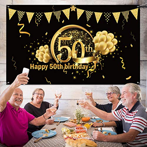 Blulu Decoración de Fiesta de 50 Cumpleaños, Póster de Señal de Tela Extra Grande para 50 Aniversario Fondo de Foto Pancarta de Fondo, Materiales de Fiesta de 50 Cumpleaños (Negro Dorado)