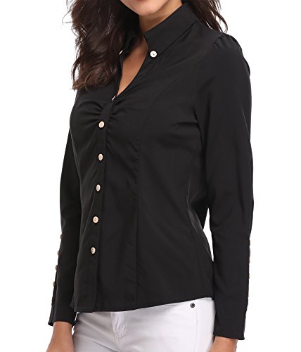 Blusas y Camisas de Mujer Oficina Tops de Moda Negras Manga Larga Casual con Cuello en V de Botónes Básicos Negocio - XS