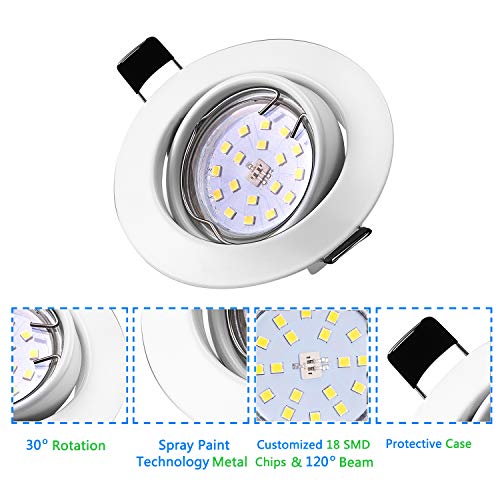 Bojim 10x Foco Empotrable LED GU10 6W Blanco Natural 4500K Equivalente a 55W de incandescencia Luz de Techo 600Lm 82Ra Ojos de Buey Marco Redondo Blanco Mate Ángulo Rotable 30° y Ángulo de luz 120°