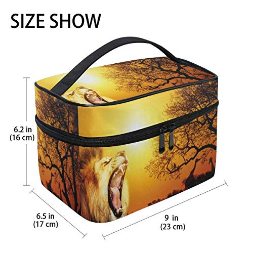 Bolsa de maquillaje, diseño de árbol de león africano portátil, estuche de viaje con impresión grande, bolsa de cosméticos organizador compartimentos para niñas mujeres señora