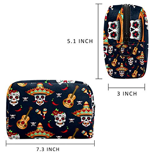 Bolsa organizadora de cosméticos con calaveras y pimienta de chile, fondo azul, para mujer, con cremallera, bolsa de maquillaje, neceser de aseo