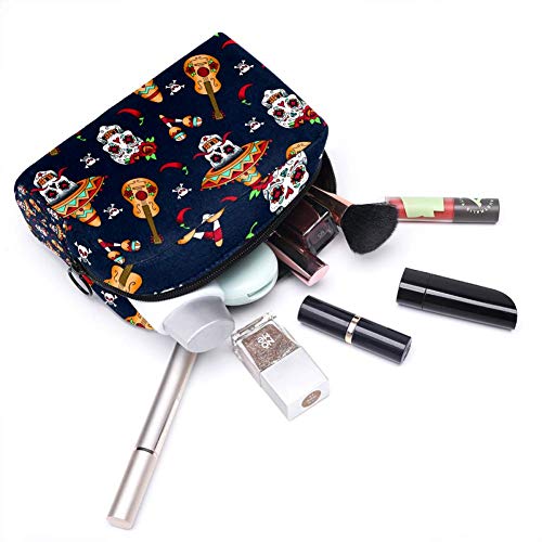 Bolsa organizadora de cosméticos con calaveras y pimienta de chile, fondo azul, para mujer, con cremallera, bolsa de maquillaje, neceser de aseo