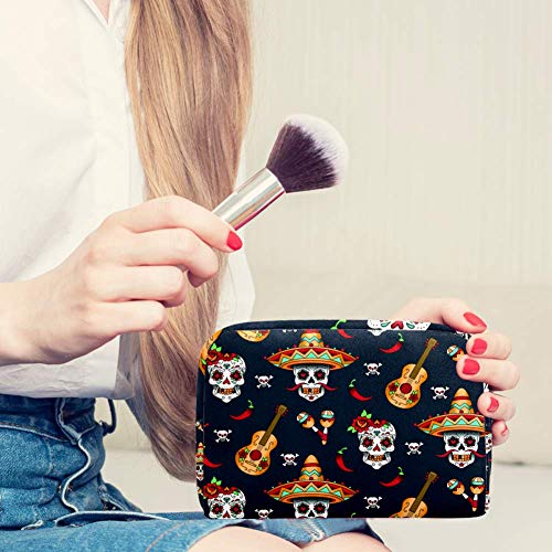 Bolsa organizadora de cosméticos con calaveras y pimienta de chile, fondo azul, para mujer, con cremallera, bolsa de maquillaje, neceser de aseo