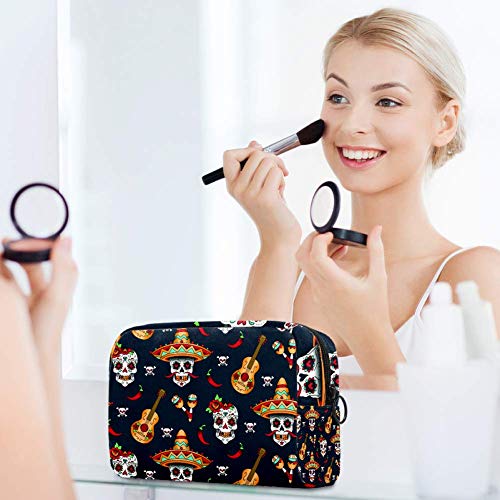 Bolsa organizadora de cosméticos con calaveras y pimienta de chile, fondo azul, para mujer, con cremallera, bolsa de maquillaje, neceser de aseo