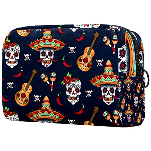 Bolsa organizadora de cosméticos con calaveras y pimienta de chile, fondo azul, para mujer, con cremallera, bolsa de maquillaje, neceser de aseo