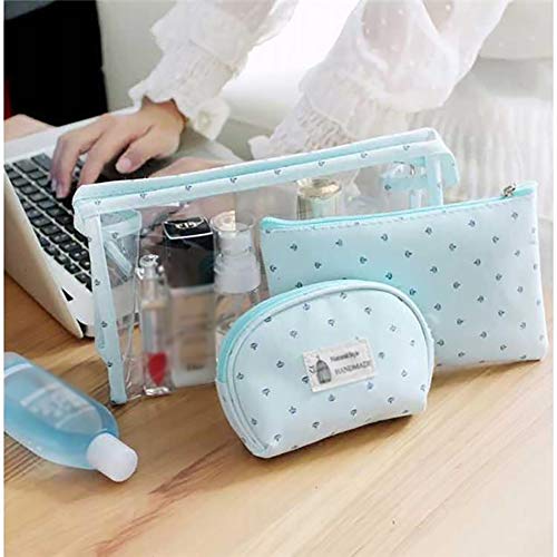 Bolsas 3 piezas Neceser Maquillaje Bolsa Maquillaje plegable Cosméticos de Tocador portátil de viaje bolsa maquillaje organizador del bolso sin asas con la cremallera (azul claro)