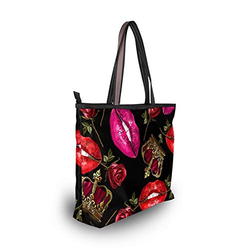 Bolso de mano para mujer Bolsa de viaje Bolsa de lona casual con forro de poliéster Bolsa de deporte, poliéster portátil ligero trabajo oficina viaje hombro hombro labios rojo corona rosa