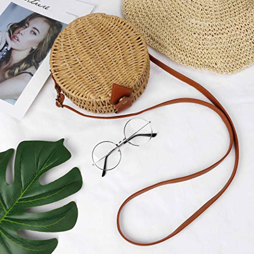 Bolso de Paja Mujeres Redondo 7" Bolsos de Bandolera Verano Crossbody Totes de Playa Ratán Tejidas a mano para Estilo boho para viajes, fechas y vacaciones