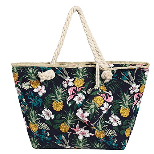 Bolso de Playa Grande Impermeable con Cremallera Bolso de Hombro Flores y piña