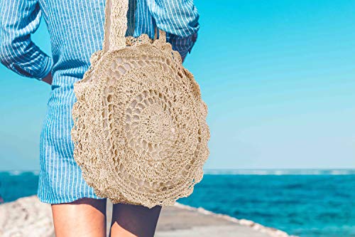 Bolso Redondo de la Paja Mujeres, Funda Grandes Flores Durchb Raya Webart, Bolsos de Bandolera Verano Hecho a Mano Totes de Playa Ratán Tejidas a Mano Para Estilo Boho Para Viajes, Fechas y Vacaciones