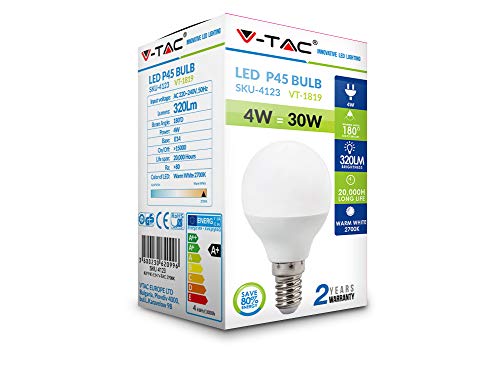 Bombilla Tipo Golf P45 V-TAC 4W (Equivalente a 30W) Ahorradora de Energía E14 SES (Rosca Edison Pequeña) 4000K Day Blanco No Regulable - Paquete de 10