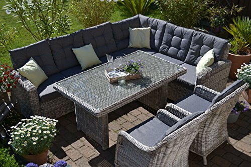 Bomey ratán sintético Muebles de Jardín Set I (4 piezas) Manhattan I Jardín sofá + mesa + dos Sillón + acolchado I Arena gris I Dining Lounge ratán para jardín + Terraza + Jardín De Invierno