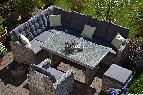 Bomey Ratán sintético Muebles de Jardín Set I (4 Piezas) Manhattan I Jardín sofá + Mesa + Sillón + Taburete + Acolchado I Arena Gris I Dining Lounge Ratán para Jardín + Terraza + Jardín De Invierno