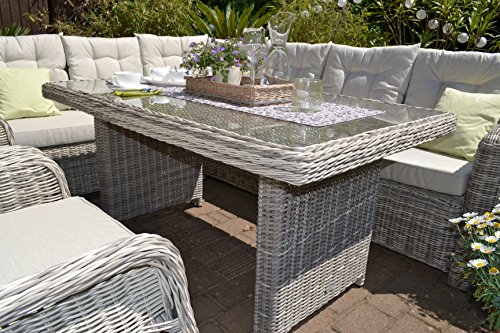 Bomey Ratán sintético Muebles de Jardín Set I (4 Piezas) Manhattan I Jardín sofá + Mesa + Sillón + Taburete + Acolchado I Arena Gris I Dining Lounge Ratán para Jardín + Terraza + Jardín De Invierno