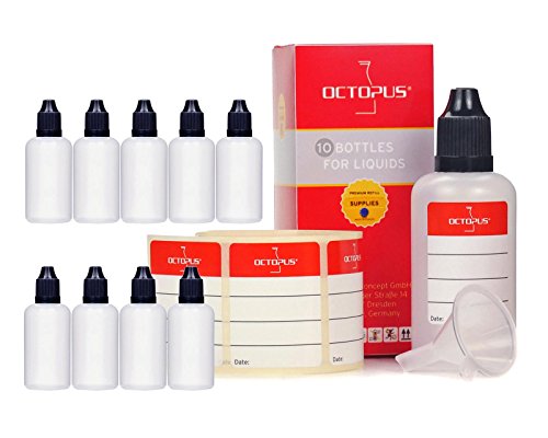 Botellas líquidas de 10 x 50 ml con embudos + etiquetas: para líquidos electrónicos, cigarrillos electrónicos, botellas plásticas hechas de PE LDPE, botellas dosificadoras, botellas o botellas exprimibles + tapas blancas con cerradura de seguridad para ni