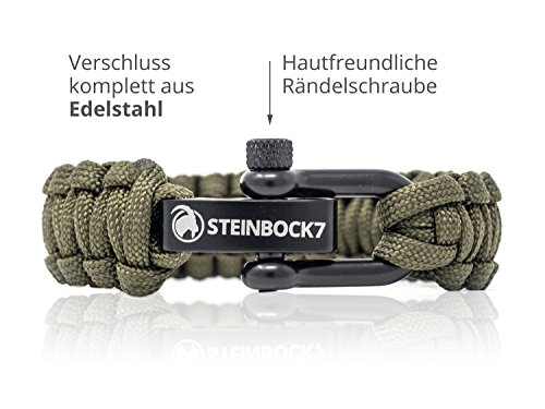 Bracelet paracorde Steinbock7 - Fermoir en acier inoxydable - Mode d'emploi, Army-Green, 23 cm