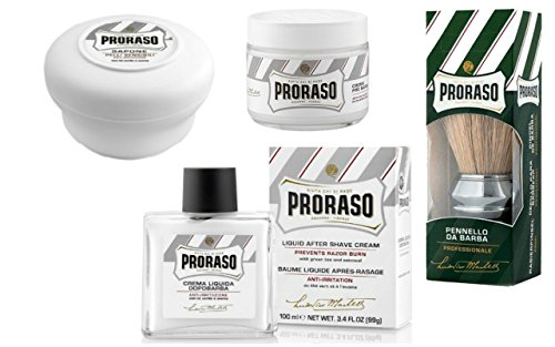 Brocha de afeitar Profesional Proraso + Crema antes del afeitado Proraso + Jabón de Afeitar Proraso + Crema Liquida Proraso. Proraso Linea Blanca: anti-irritación y para pieles sensibles.