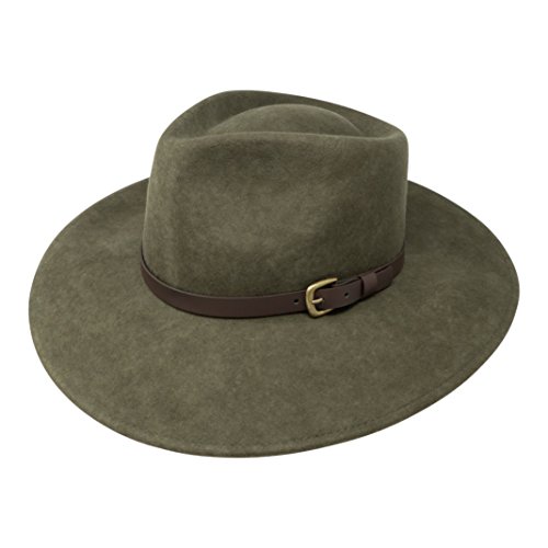 B&S Premium Lewis - Sombrero de ala Ancha Fedora - 100% Fieltro de Lana - Resistente al Agua - Banda de Piel - Verde Oscuro 56cm