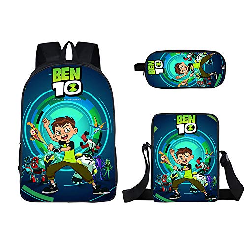 BSHDUFN Ben 10 Viajes La Tendencia Ocasional Mochila Mochila Impermeable Estudiante Hombro Mochila de Peso Ligero Bolso de la Pluma Bolsa de 3 Piezas/Set del clásico Lona de los niños Moda Mochila