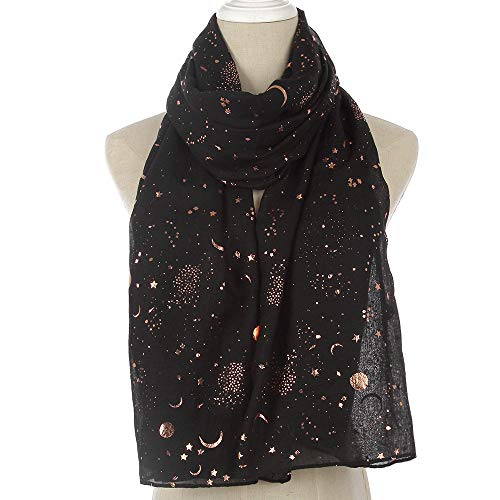 Bufanda Mujer,Bufanda Negra con Estampado De Luna Y Estrella Bronceadora, Bufandas para Damas, Regalos para Mujeres, Chal para Fiesta De Graduación De Boda, 180 * 70 Cm