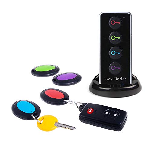 Buscador de llaves remoto JTD Buscador de llaves inalámbrico/Localizador de artículos de RF inalámbrico con linterna LED y base para teléfono celular Keys Pets (4 receptores, 1 control remoto, 1 base)