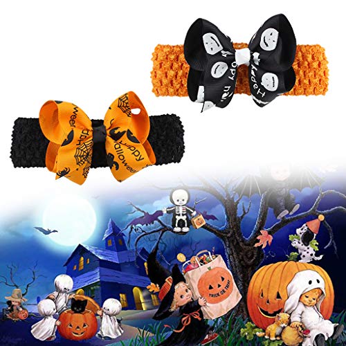 Buwei Infant Baby Halloween Banda Ancha para la Cabeza Cute Pumpkin Bat Ghost Print Hairband Extraíble Grosgrain Bowknot Alligator Clip Turbante