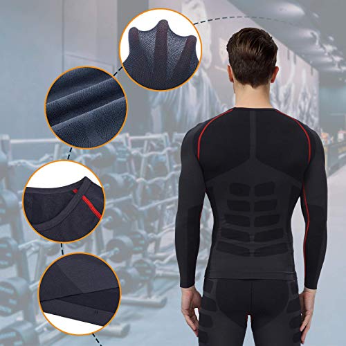 Bwiv Camiseta Hombre Deportiva Compresión Camiseta Interior Hombre Manga Larga Fitness Gimnasio Aire Libre para Entrenamiento Ciclismo de Negro Gris y Rojo Línea Talla XL