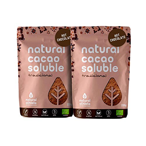 Cacao BIO en Polvo Soluble Natural Athlete con Azúcar de Coco, Sin Gluten, Sin Lactosa, Vegano, 75% Menos de Azúcar -Pack 2x225 g