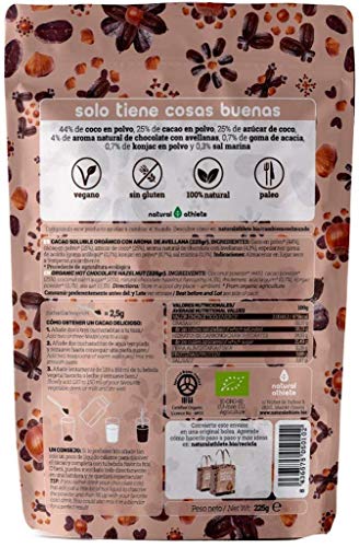 Cacao BIO en Polvo Soluble Natural Athlete con Azúcar de Coco, Sin Gluten, Sin Lactosa, Vegano, 75% Menos de Azúcar -Pack 2x225 g