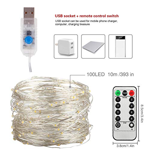 Cadena de Luces, 10m 100 LEDs Guirnalda de Luces con 8 Modos, Blanco Cálido con Control Remoto y USB para Decoración de Jardines Fiesta de Navidad y Boda.