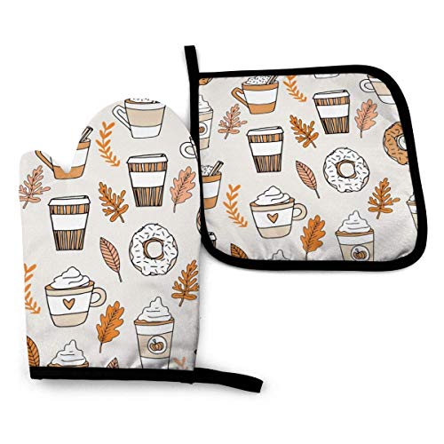 Calabaza Especia Latte Tejido Café y donas Guantes de Horno de otoño y Soportes para ollas Juegos Cocina Guantes de Horno Resistentes al Calor