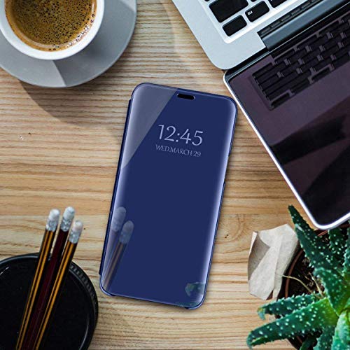 Caler ® Funda Reemplazo para Xiaomi Redmi 5 Plus Funda,Flip Tapa Libro Carcasa Modelo Fecha Espejo Brillante tirón del Duro Case Espejo Soporte Plegable Reflectante (Azul)