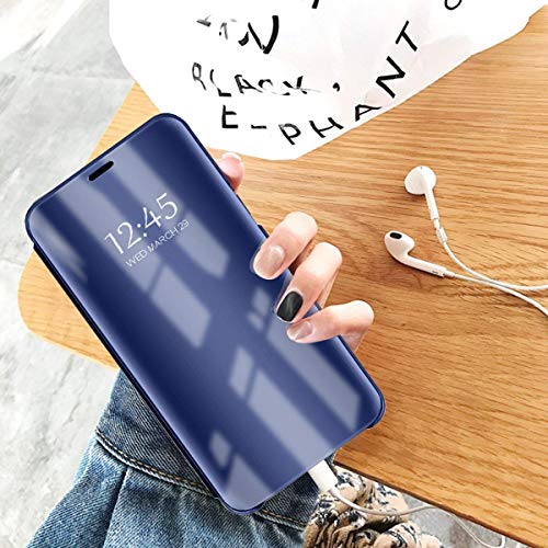 Caler ® Funda Reemplazo para Xiaomi Redmi 5 Plus Funda,Flip Tapa Libro Carcasa Modelo Fecha Espejo Brillante tirón del Duro Case Espejo Soporte Plegable Reflectante (Azul)