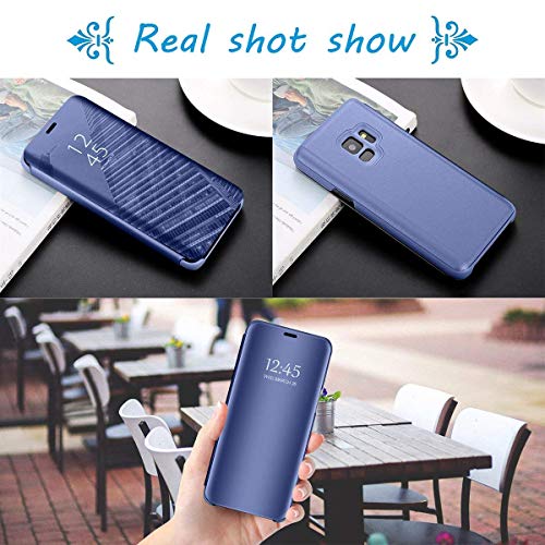 Caler ® Funda Reemplazo para Xiaomi Redmi 5 Plus Funda,Flip Tapa Libro Carcasa Modelo Fecha Espejo Brillante tirón del Duro Case Espejo Soporte Plegable Reflectante (Azul)