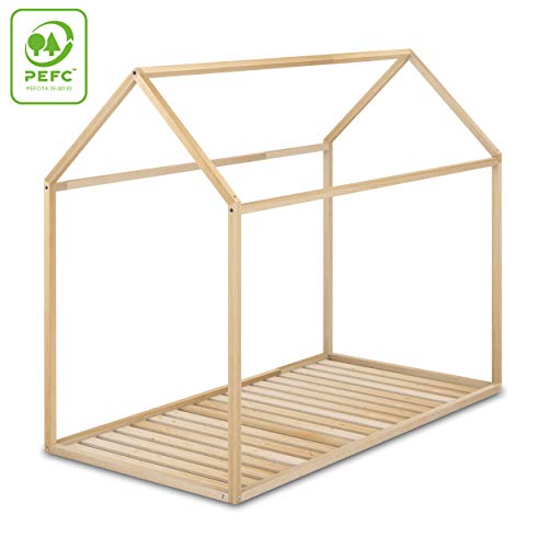 Cama Infantil Tipo Montessori, Casita Madera Natural para niño y niña, 90 x 190 cm