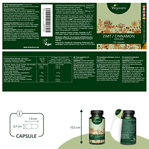 Canela de Ceylán Vegavero® | 2000 mg | Sin Aditivos Artificiales | Control de Glucosa - Azúcar en Sangre | 120 Cápsulas | Apto para Veganos