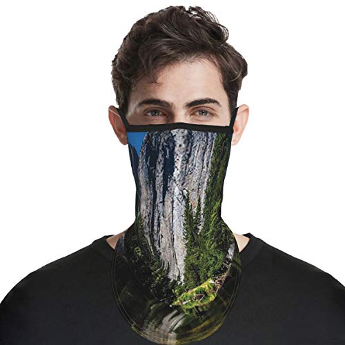 cap hat Large Granite Cliff Surrounded by Trees and River Under Clear Sky Wild Beauty Scenery Green Blueface Bandana Neck Gaiter with Ear Loops, UV Sun Protection Reusable Cloth Scarf Balaclava