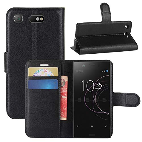 CAPOOK/For el Caso de Cuero del tirón de Sony Xperia XZ1 compacta Textura del lichí de la PU + TPU con el sostenedor Horizontal y Ranuras for Tarjetas y Monedero (Negro) Personalizado