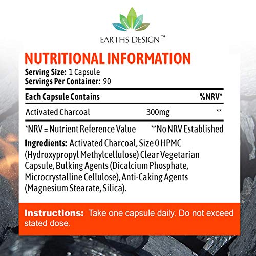 Carbón Activo 300mg - Para Hombres y Mujeres - Activated Charcoal - Apto Vegetarianos - 90 Cápsulas (Suministro Para 3 Meses) de Earths Design