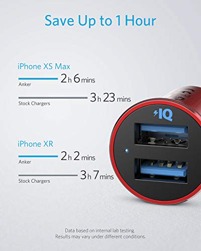 Cargador de coche, Anker Mini 24 W 4,8 A metal Dual USB cargador de coche, PowerDrive 2 aleación Flush Fit adaptador de coche con LED azul, para iPhone XR/Xs/Max/X/8/7/Plus, iPad Pro/Air 2/Mini y más