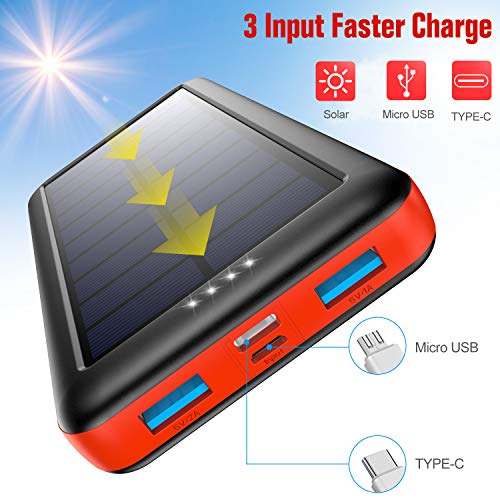 Cargador Solar 26800mAh, Ekrist Batería Externa Solar de Carga Rápida con 3 Entradas【Panel Solar / Tipo C / Mirco USB】Power Bank Solar Cargador Portatil para iPhone Samsung Android Móviles Tableta