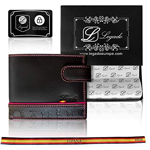 Cartera Horizontal Piel TRATADA Tira Fuxia Tarjetero Monedero Hombre Piel Cuero con Pulsera Bandera ESPAÑA DE Regalo y Tarjeta Proteccion RFIDBilletera